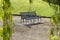 Lone garden bench seen through willow tree branches used as a fr