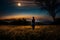 Lone girl stands in vibrant flower field under the warm glow of full moon