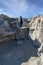 Lone hiker stares into a canyon at the Bisti Badlands