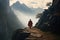 A lone hiker walks along a winding mountain path, surrounded by breathtaking scenery., A solitary monk walking a mountain path in