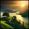 A lone house at the edge of a high ground overlooking a lake and hills during sunset.