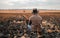 A lone individual reflects in a barren, charred landscape, a stark contrast to the far-reaching fields beyond. The image