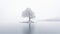 Lone lonely tree in winter snow and lake solitude, minimalist. Generative AI weber.