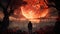 Lone man looks at fantasy World, alien landscape with strange glowing structures or planets in sky, Fantastic epic scenery of