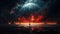 Lone man stands in fantasy World looking at alien landscape with strange burning planet in dark sky. Fantastic epic scenery of