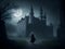 Lone Man Stands front of Dark Castle, Mysterious Allure in the Moon\'s Eerie Glow.