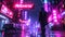 Lone man walks on cyberpunk city street in rain, neon sign Metaverse in dark urban grungy town. Concept of future, virtual reality