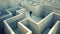 Lone man walks inside concrete maze, lost person searching for way out of strange surreal labyrinth. Concept of problem,