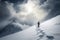 Lone Mountaineer Alpinist Approaching Snowy Peak