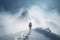 Lone Mountaineer Alpinist Approaching Snowy Peak