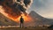 A lone observer stands before an erupting volcano, engulfed in ash