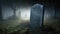 A lone, old unidentified gravestone stands in the moonlight against a backdrop of fog-shrouded tombs and shadowy trees. Generative