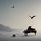 A lone piano and a bald eagle flying over a piano in the clouds.