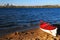 A Lone Red Kayak Awaits a Rider on Lake Calhoun in Minneapolis