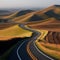 a lone road passes through a plain with rolling hills in the distance