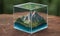 A lone rock is encased in a transparent cube