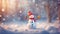 A lone snowman surrounded by falling snow shimmers with mesmerizing light bokeh