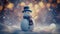 A lone snowman surrounded by falling snow shimmers with mesmerizing light bokeh