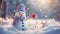 A lone snowman surrounded by falling snow shimmers with mesmerizing light bokeh