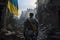 A lone soldier walks through the war-torn city between destroyed buildings, Ukrainian flag on the house, Generative AI 1