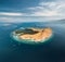 Lone standing island. Aerial drone shot. Indonesia