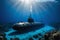 A lone submarine ventures into the blue abyss, a symbol of marine discovery