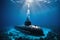 A lone submarine ventures into the blue abyss, a symbol of marine discovery