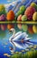 A lone swan gliding across a quiet lake. , painting