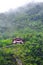 Lone Taiwanese temple on steep rocks surrounded by green tropical forest. Foggy weather, mist. Chinese landscape, travel Taiwan.