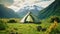 A lone tent pitched in a spacious field, offering breathtaking views of majestic mountains in the backdrop, tent in the middle of