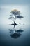 Lone tree and birds on lake or river in mist, vertical view of minimalist landscape. Peaceful nature background. Concept of art,