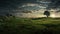 A lone tree and distant house stand in serene, rolling green fields under a dramatic sunset sky