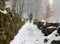 Lone walker in the mountain path with snow