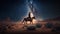 Lone western cowboy riding a horse in the desert under a starry night sky with the milky way and galaxy. country landscape.