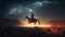 Lone western cowboy riding a horse in the desert under a starry night sky with the milky way and galaxy. country landscape.