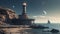 A lone white lighthouse stands guard on the rocky coastline, its powerful beam cutting through the night sky to guide ships at sea