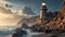 A lone white lighthouse stands guard on the rocky coastline, its powerful beam cutting through the night sky to guide ships at sea