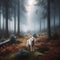 Lone white wolf moves through eerie, misty forest