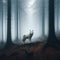 Lone white wolf moves through eerie, misty forest