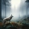 Lone white wolf moves through eerie, misty forest