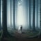 Lone white wolf moves through eerie, misty forest