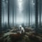 Lone white wolf moves through eerie, misty forest