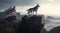 A lone wolf standing on a rocky outcrop, overlooking a vast wilderness