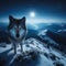 Lone wolf stands on mountain ridge, with snow and full moon