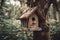 Lone wooden birdhouse, tree branch, nature garden harmony, generative AI
