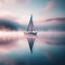 Lone yacht floats on tranquil, crystal clear foggy lake