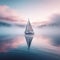 Lone yacht floats on tranquil, crystal clear foggy lake