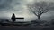 Loneliness and depression concept. Solitude, melancholy. Lonely woman sitting alone on a bench by the tree. AI Generated