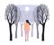 Loneliness with Lonely Woman Character Walking Among Bare Trees Feeling Depression and Sadness Vector Illustration