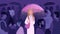 Loneliness of woman in crowd of people, sad girl holding umbrella to protect from rain
